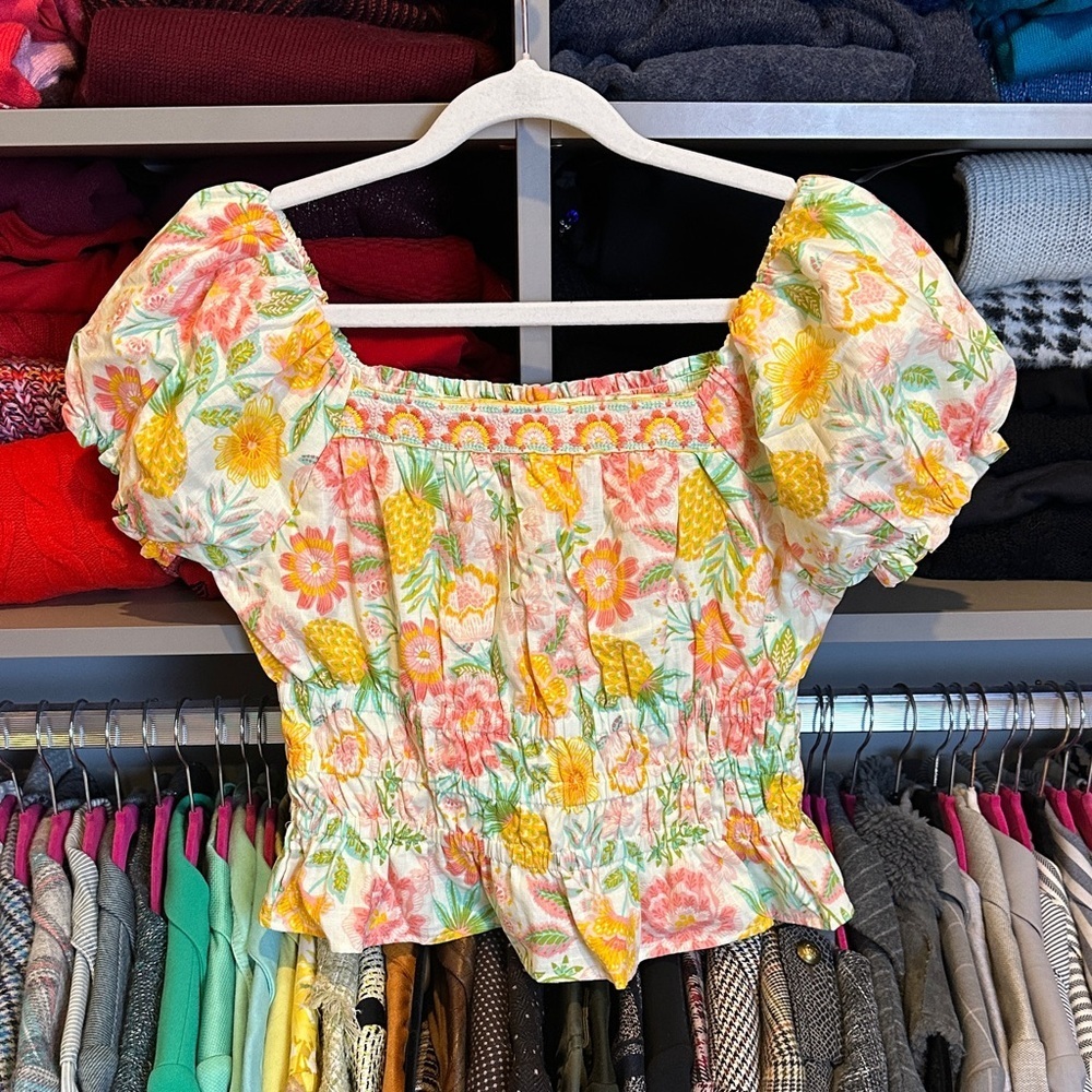 Rachel Zoe white/pink/yellow floral short sleeve square neck crop top size 4 NWT